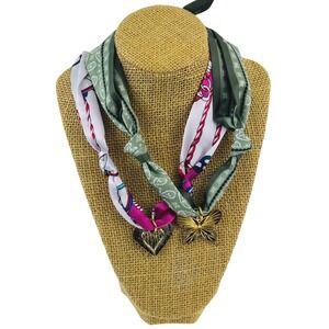 Scarf Charm Necklaces Set of 2 Heart Butterfly Pendants Pink Green‎